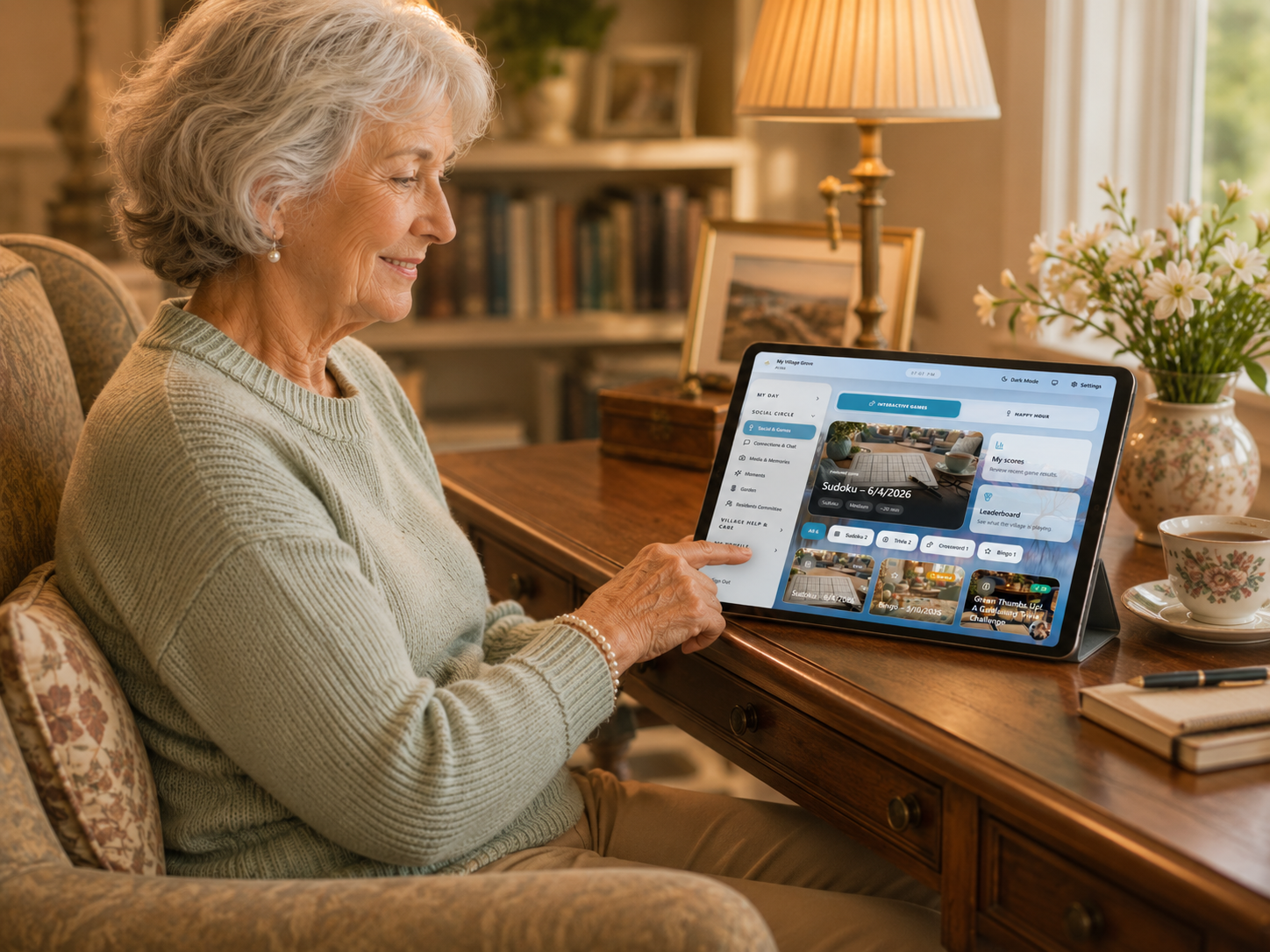 Warm photo of an older resident comfortably using the PiP tablet in their armchair.