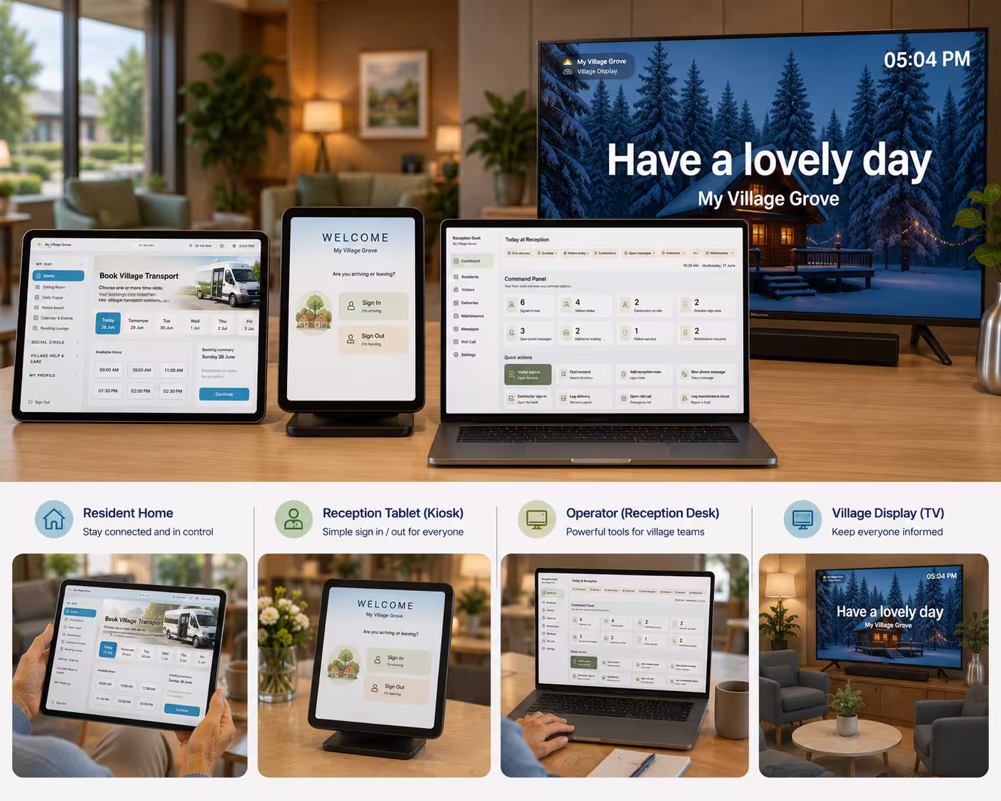 PiP across a tablet, phone, laptop and lounge TV.